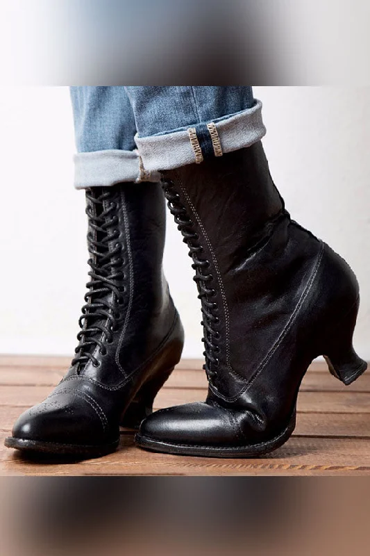 women's rain bootsBlack Retro Block Lace-Up Boots