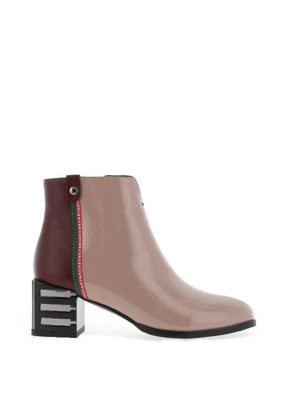 women's boots for office attireRedz Patent Tape Stripe Heeled Boots, Taupe & Burgundy