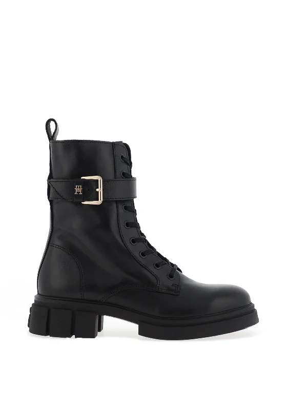 women's boots from ItalyTommy Hilfiger Buckle Detail Lace up Biker Boots, Black