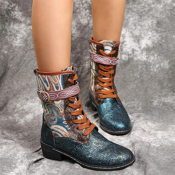 women's boots with red solesTribal Embroidery Retro Strappy Boots