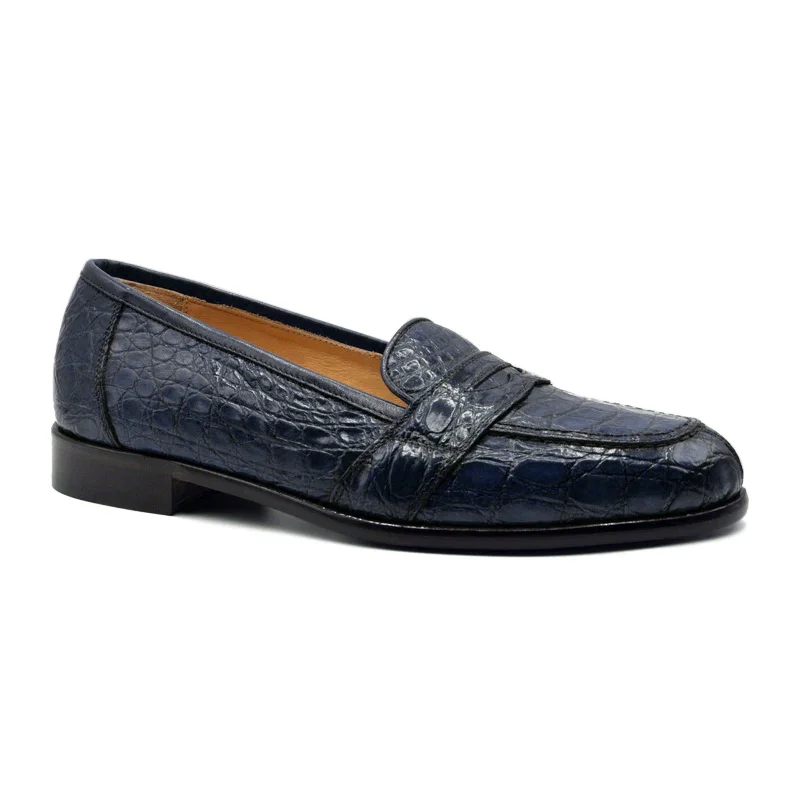 Men's leather loafers with a penny slot11-119-NVY TUSCANY Crocodile Penny Loafer, Navy