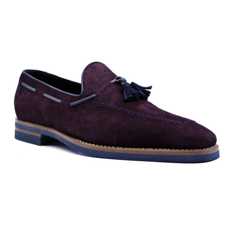 Men's loafers with a rubber sole for durability16-625-BDX CRAWFORD Sueded Goatskin & Crocodile Tassel Loafer, Bordeaux