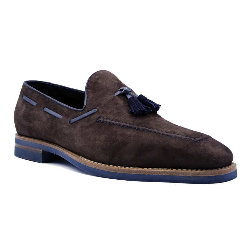 Men's loafers in a neutral color like black or brown16-625-BRN CRAWFORD Sueded Goatskin & Crocodile Tassel Loafer, Brown