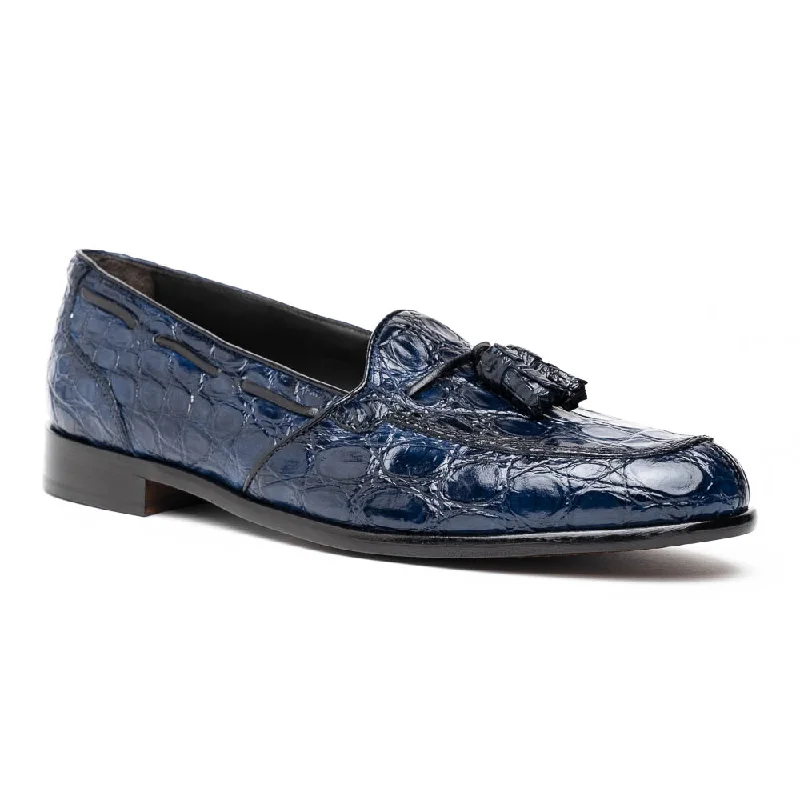 Men's loafers with a low - heeled design11-582-NVY FRANCO Crocodile Tassel Loafer, Navy