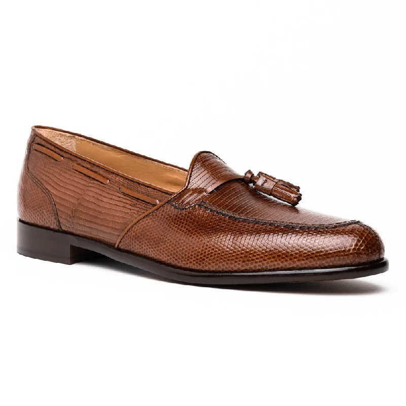 Men's loafers in a neutral color like black or brown14-580-CGN FRANCO Teju Lizard Tassel Loafer, Cognac