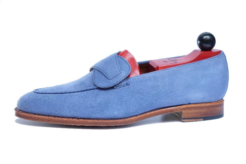 Men's loafers with a moc - toe designHawthorne - MTO - Powder Blue Suede - Natural Edge Trim - TMG Last - Single Leather Sole