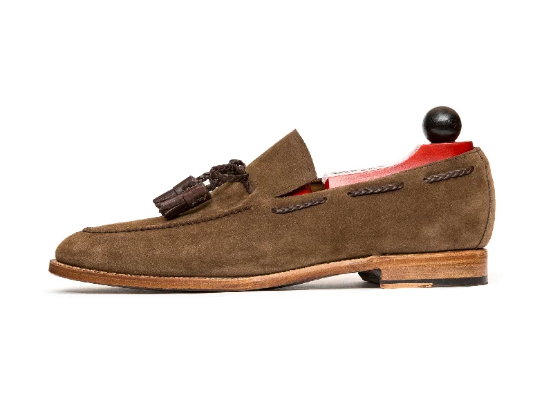 Men's loafers with a leather lacing systemIssaquah - MTO - Taupe Suede - TMG Last - Natural Single Leather Sole