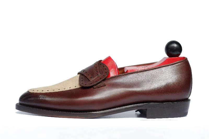 Men's loafers with a moc - toe designKennewick - MTO - Dark Chestnut Calf / Light Cream Suede - TMG Last - Single Leather Sole