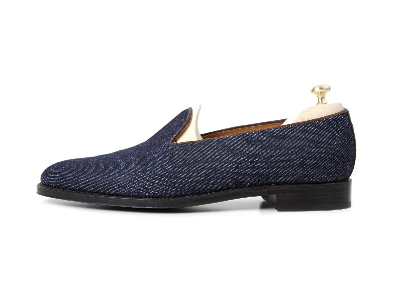 Men's loafers with a removable insole for cleaningLaurelhurst II - MTO - Denim / Chocolate Piping - TMG Last - Single Leather Sole