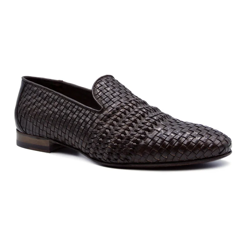 Men's leather loafers with a penny slot19-229-DBR LUCE Italian Calfskin Woven Loafer, Dark Brown