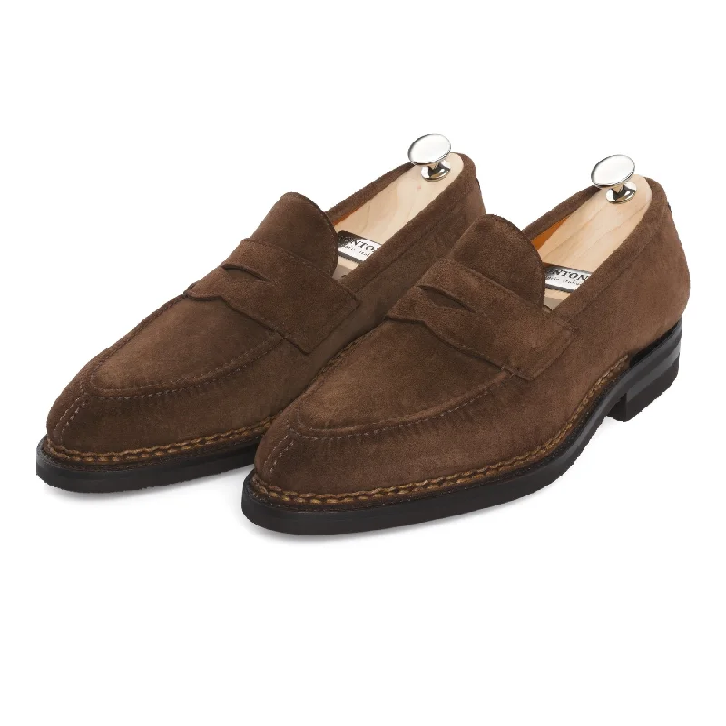 Men's loafers with a contrast stitching detail"Principe" Penny Suede Loafer with Hand Stitched Details and Split Toe in Brown