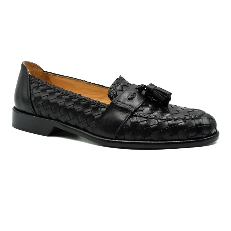 Men's loafers with a pointed toe for a stylish appearance15-250-BLK RIVIERA Basketweave Calfskin Tassel Loafer, Black