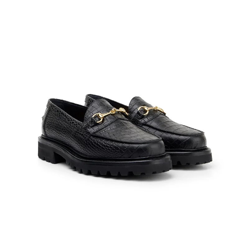 Men's loafers with a contrast stitching detailThe Mason Horse Bit Loafer, Onyx Croc, Vibram 1757 Lug Sole