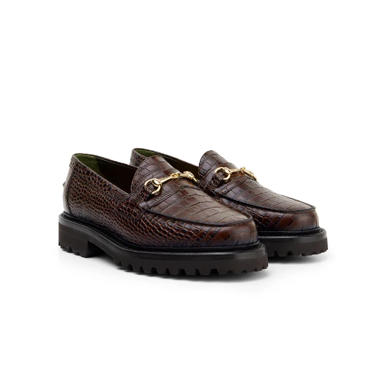 Men's loafers with a decorative buckleThe Mason Horse Bit Loafer, Walnut Croc, Vibram 1757 Lug Sole