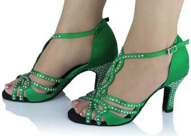 Stretchable Canvas Jazz Dance Shoes in Black for Comfortable MovementsGreen Rhinestone Ballroom Latin Salsa Performance Dance Heels