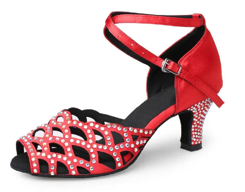 Wide - Width Latin Dance Shoes in Red with High Heels for a Sexy LookRed Satin Rhinestone Ballroom Dance Shoes Ladies Salsa Dance Shoes