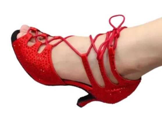 Women's Ankle - Strap Tap Dance Shoes in Purple with Noise - Reducing FeaturesRed Satin With Red Rhinestone Lace Up Ballroom Salsa Latin Dance Shoes