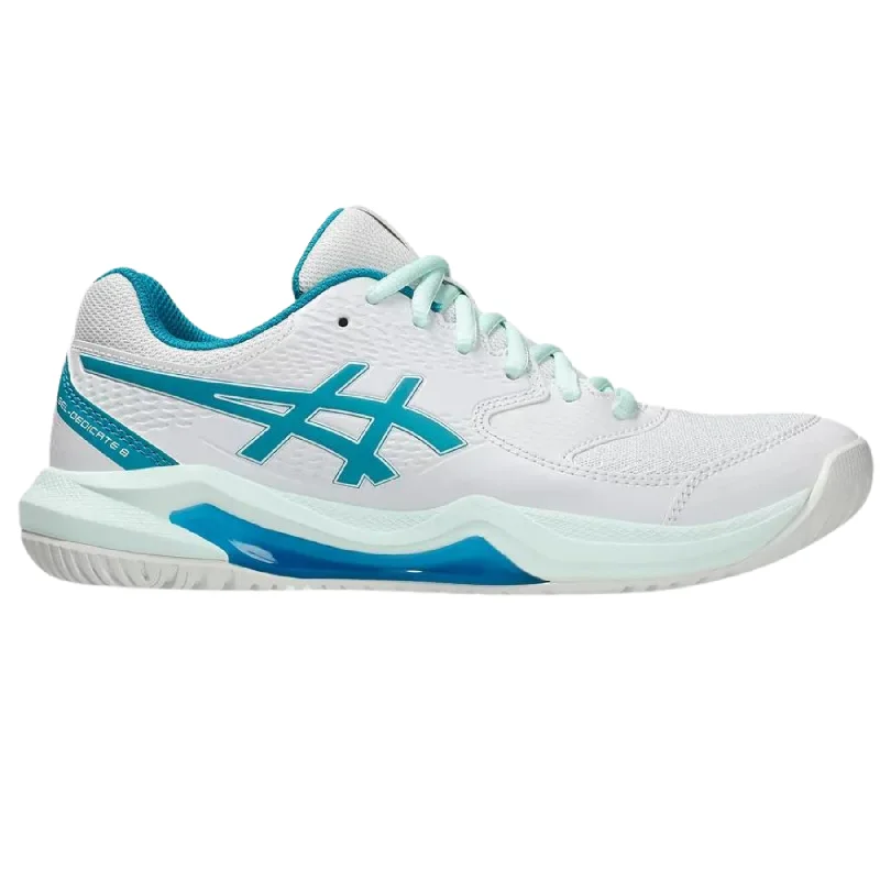 Women's tennis shoes with a TPU heel counterAsics Gel Dedicate 8 Womens Tennis Shoes - White/Teal Blue