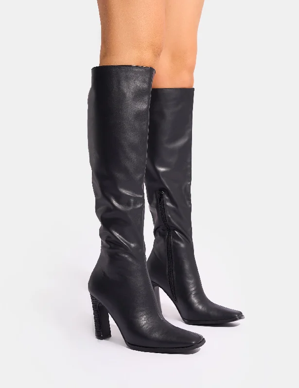 women's heeled boots with furAcquilla Black Knee High Flared Heel Boots