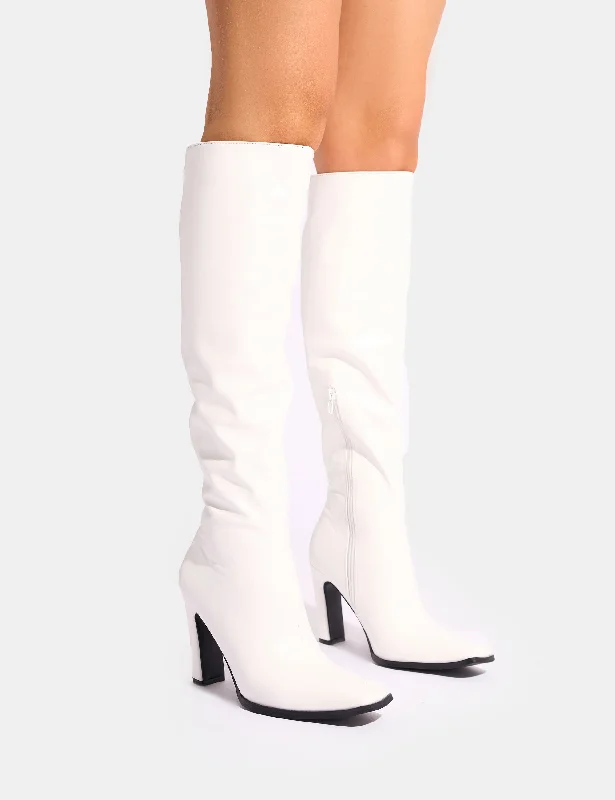 waterproof heeled boots for womenAcquilla White Knee High Flared Boots