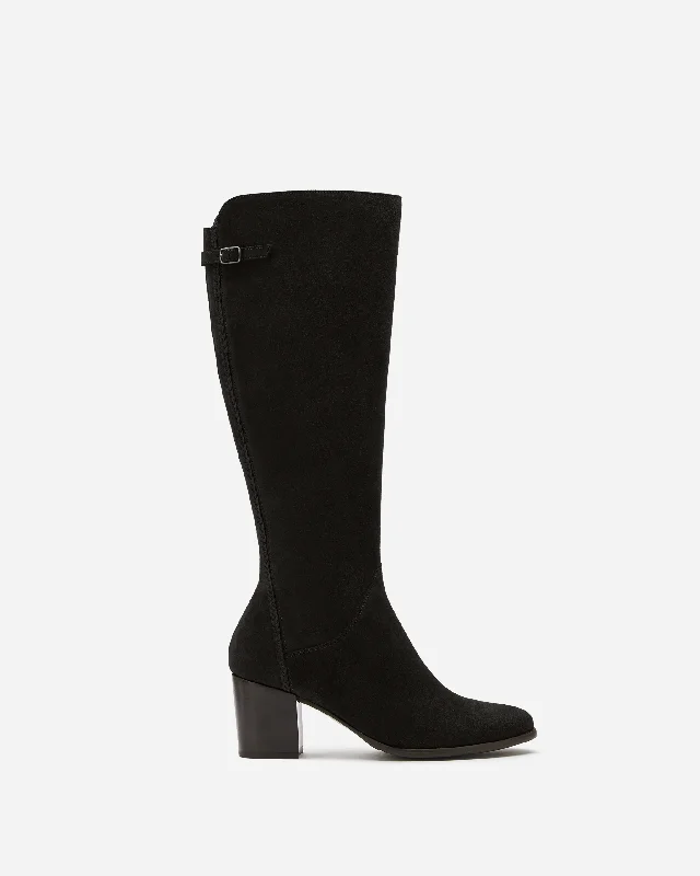 women's heeled boots with unique designsAdie Knee High Boots in Black Suede