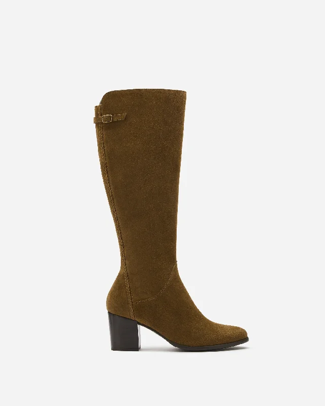 women's heeled boots with velvet textureAdie Knee High Boots in Tan Suede