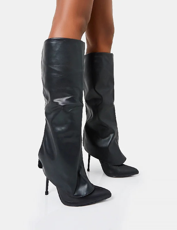 women's ankle heeled bootsAll Yours Black Pu Fold Over Pointed Toe Stiletto Knee High Boots