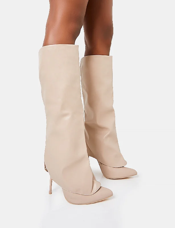 women's leather heeled bootsAll Yours Nude Pu Fold Over Pointed Toe Stiletto Knee High Boots