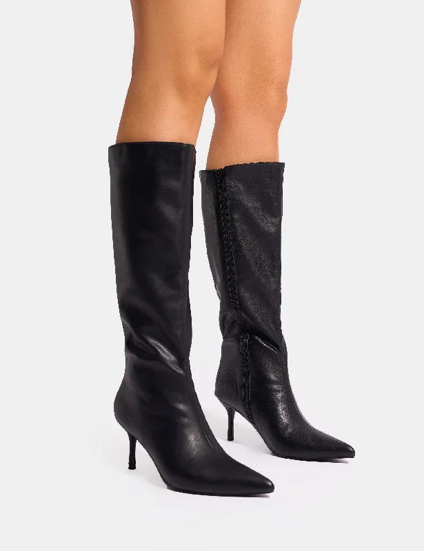 women's leather heeled bootsAmped Black Pointed Toe Mid Heel Knee High Boots