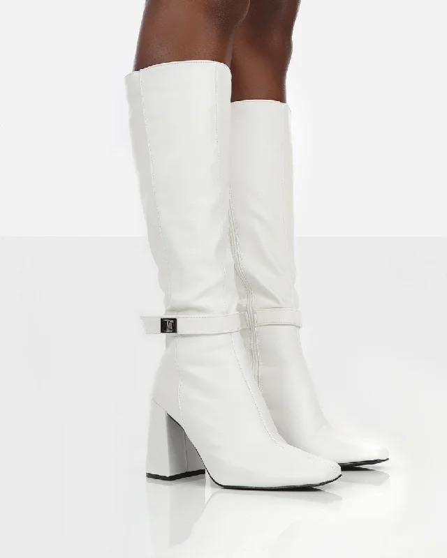 women's heeled boots for petiteApologetic White Pu Knee High Block Heel Boots