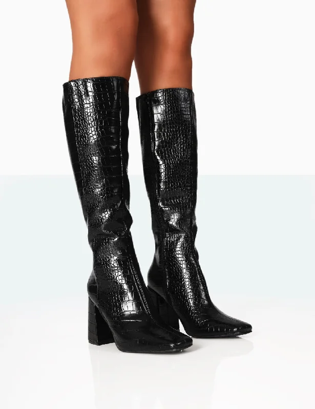 women's heeled boots with bucklesApology Black Patent Croc Knee High Block Heel Boots