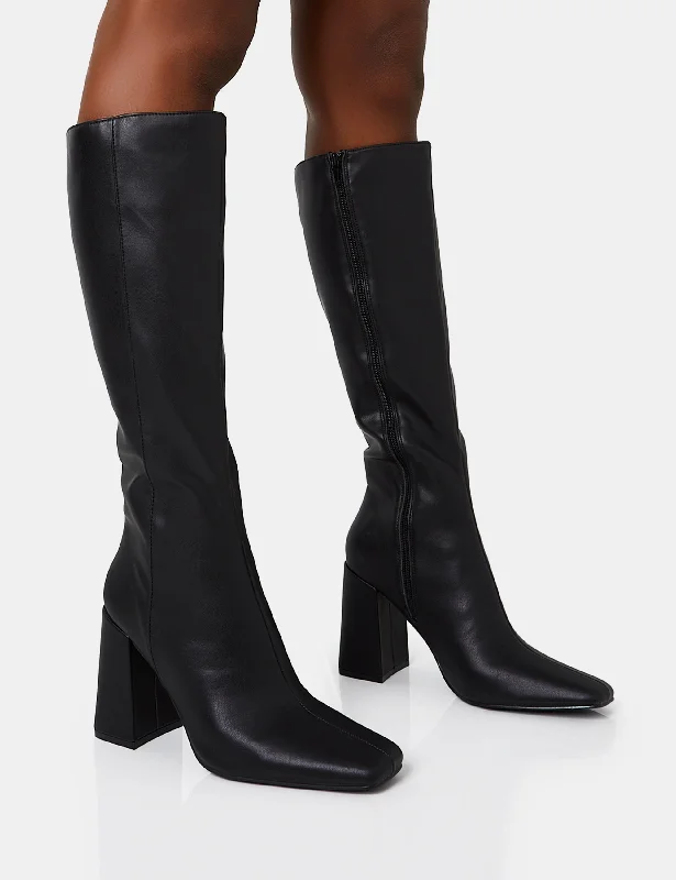 women's heeled boots for special occasionsApology Wide Fit Black Pu Knee High Block Heel Boots