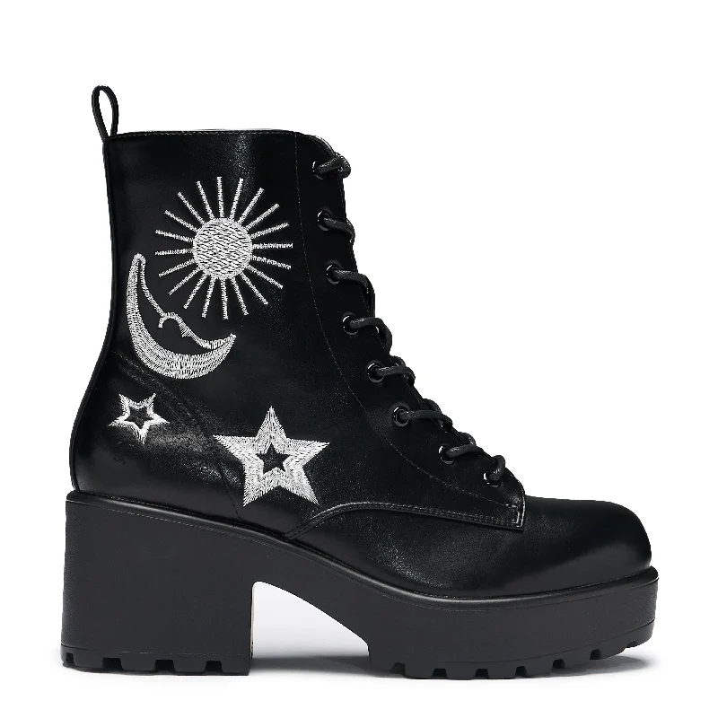 women's ankle boots with block heelsAstro Silver Star & Moon Chunky Boots