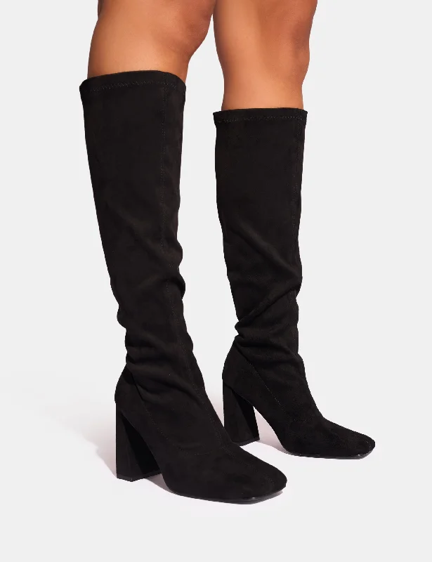 women's heeled boots with side goreAudrina Black Suede Block Heel Knee High Sock Boots