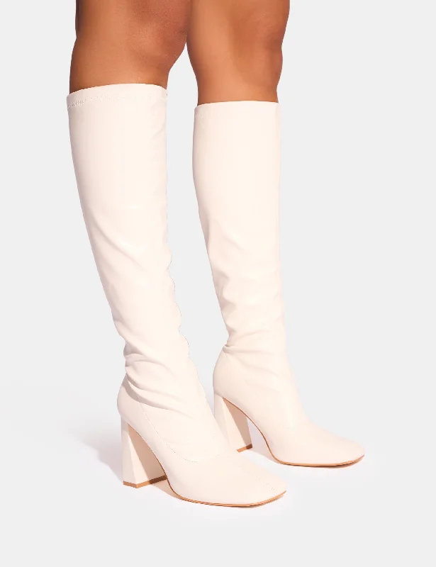 women's heeled boots with elastic sidesAudrina White Pu Block Heel Knee High Sock Boots