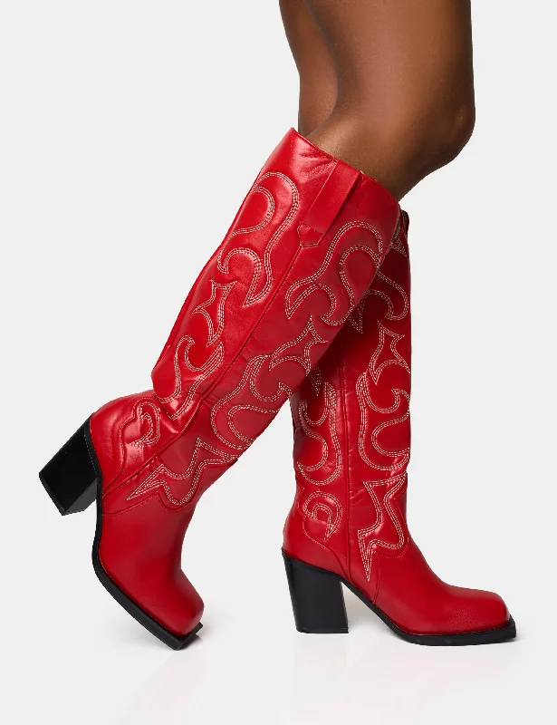 women's heeled boots for fallAustine Red Western Block Heel Knee High Boots