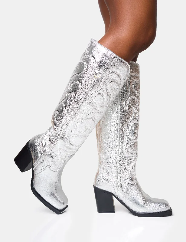 women's heeled boots with side goreAustine Silver Western Block Heel Knee High Boots