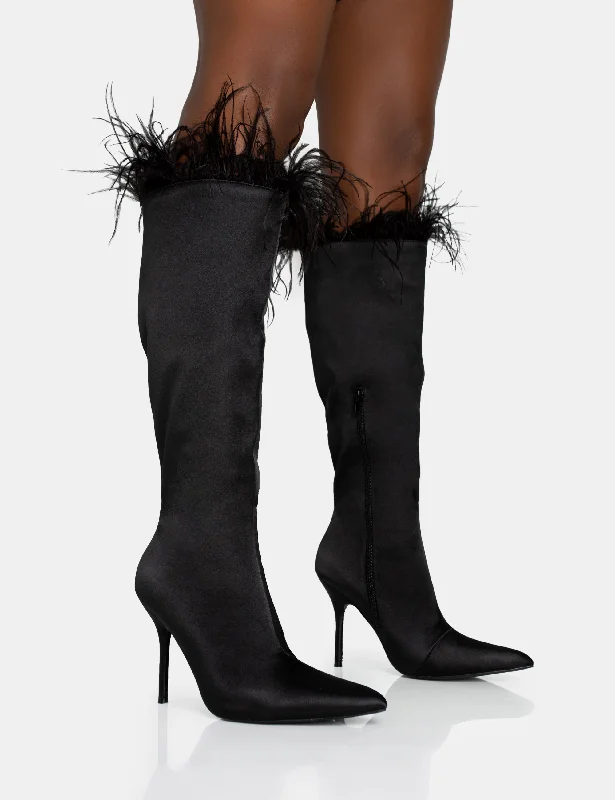 stiletto heeled boots for womenBaddie Black Satin Feather Pointed Court Stiletto Knee High Boots