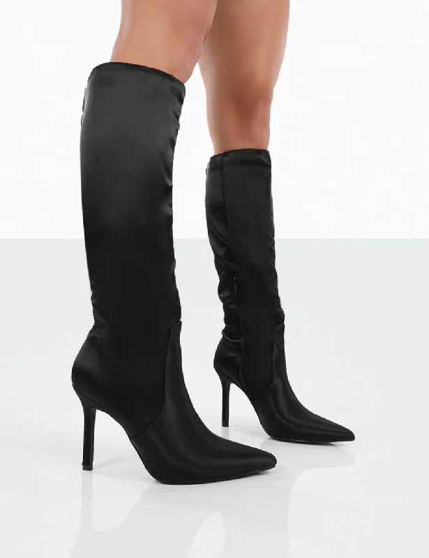 women's heeled boots for special occasionsBest Believe Black Satin Pointed Toe Stiletto Heeled Knee High Boots