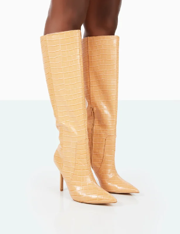 women's lace-up heeled bootsBest Believe Caramel Croc Pointed Toe Stiletto Heeled Knee High Boots