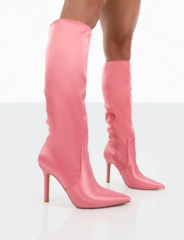 women's heeled boots with pointed toesBest Believe Pink Satin Pointed Toe Stiletto Heeled Knee High Boots