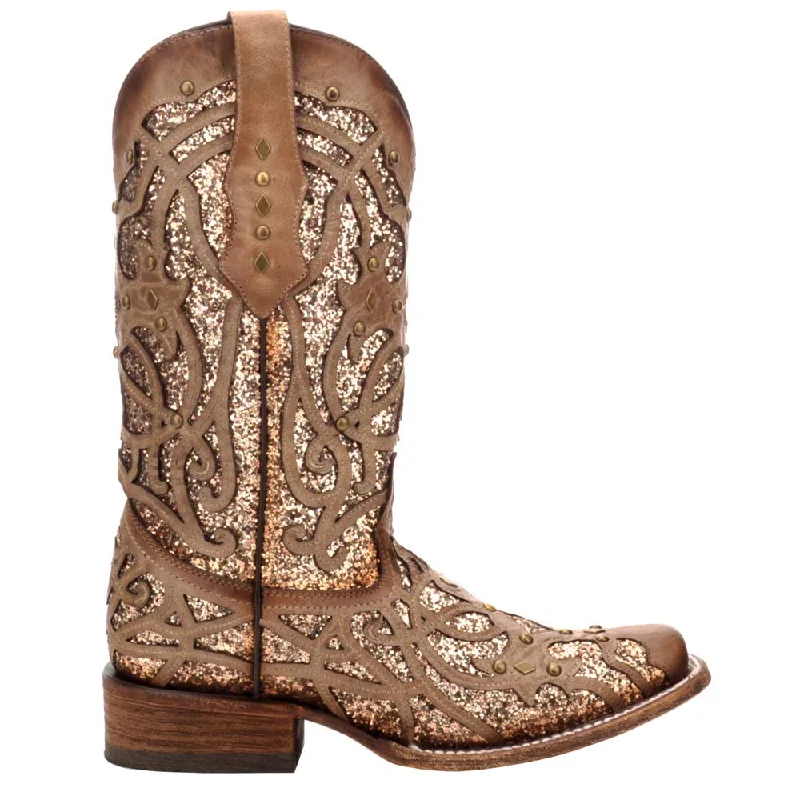 women's cowboy boots with floral designsGlitter Square Toe Western Boots