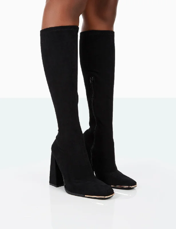 women's heeled boots with furCaryn Black Faux Suede Knee High Block Heeled Boots