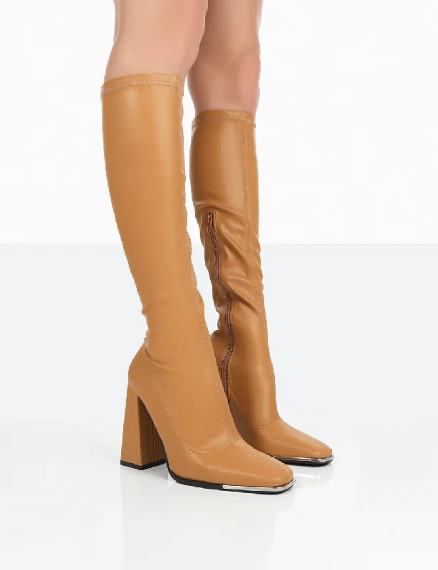 women's heeled boots for fallCaryn Camel Grain Pu Patent Knee High Block Heeled Boots