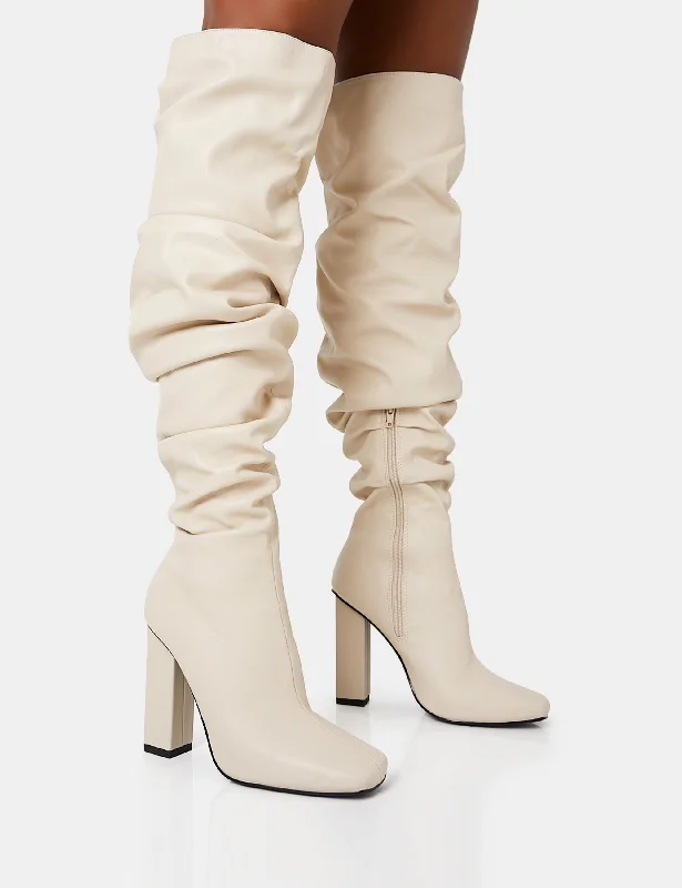 women's heeled boots for dancingCassia Ecru Square Toe Block Heel Over The Knee Boots