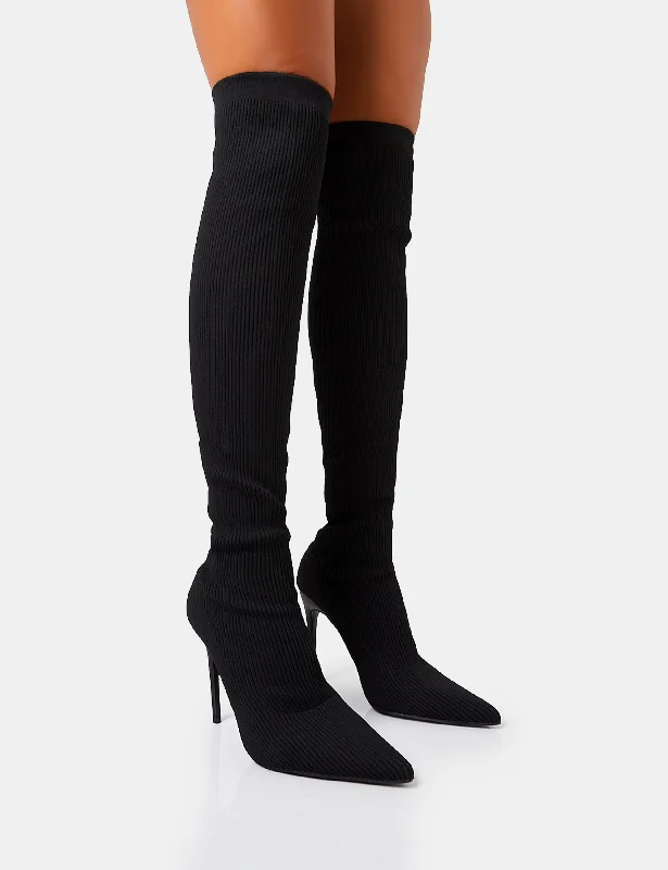 women's heeled boots for dancingChateau Black Knitted Sock Stiletto Over The Knee Pointed Toe Boots