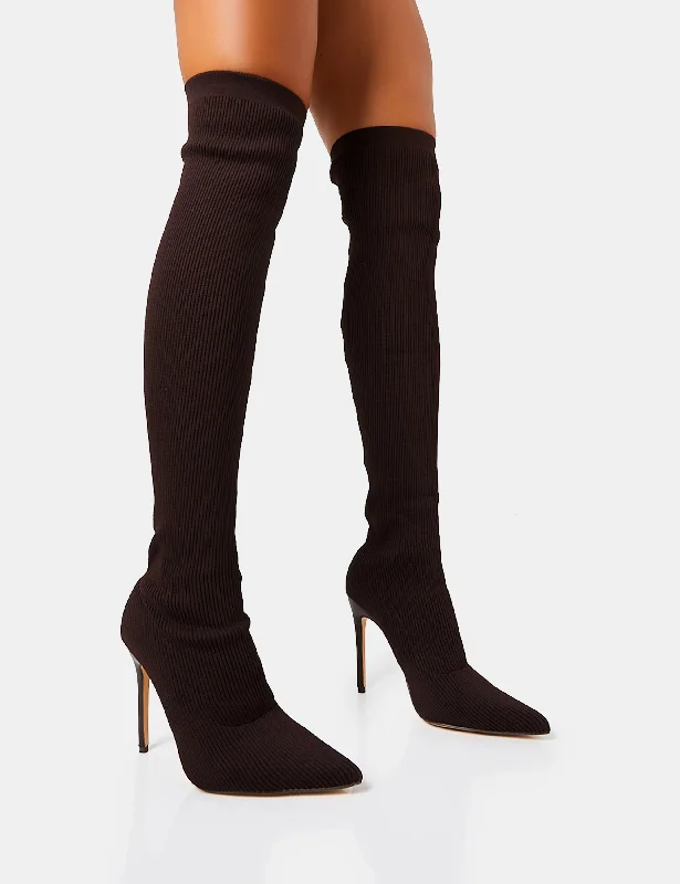 women's heeled boots with side goreChateau Chocolate Knitted Sock Stiletto Over The Knee Boots