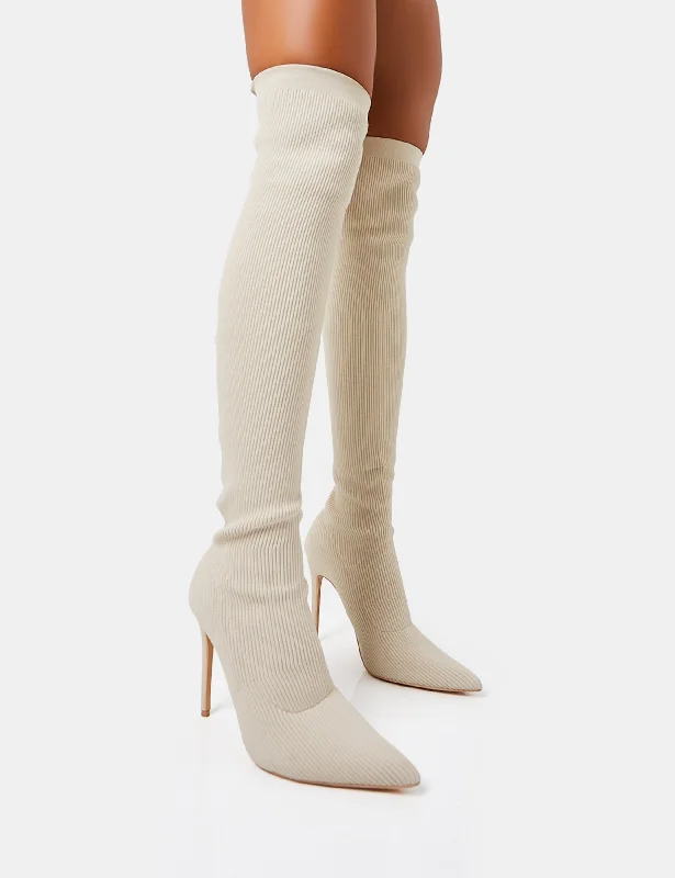 women's over-the-knee heeled bootsChateau Off White Knitted Sock Stiletto Over The Knee Pointed Boots