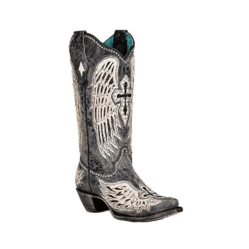 women's cowboy boots with low heelCorral Boots Women's Black Cross and Wings Overlay Boot