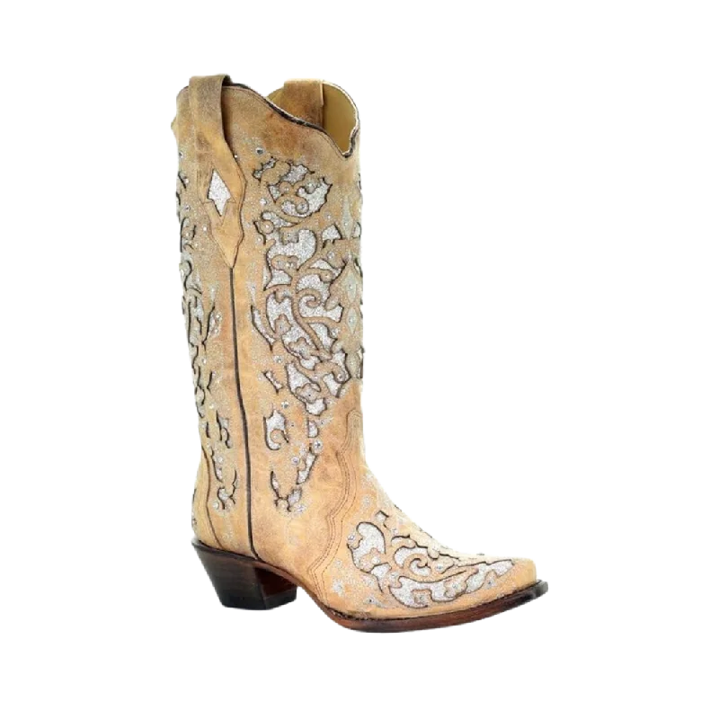 women's cowboy boots with ankle boots styleCorral Women's Glitter Inlay Embroidery Studs and Crystals Beige Boots